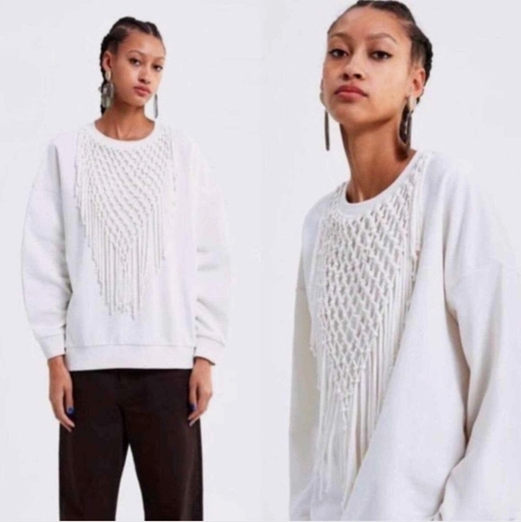 Zara Tops - Zara‎  Fringe Crochet Detail Sweatshirt Top Cream Off White Crewneck